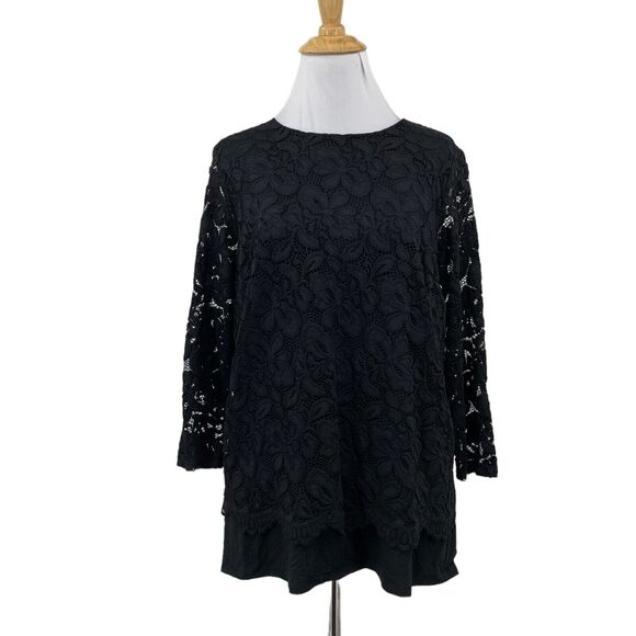 J Jill Wearever Blouse Womens S Small Black Floral Lace Overlay Quarter Sleeve - Picture 1 of 14